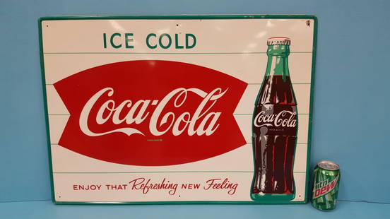 NOS Coca Cola Fishtail Ice Cold Sign with Bottle: 28.75" x 20" Tin Coca Cola sign in excellent condition with very high gloss and some very minor paint flakes on the edge of the sign. PLEASE READ AND UNDERSTAND THE PAYMENT & SHIPPING TERMS FOR THIS