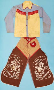 Vintage Roy Rogers Cowboy Outfit: Child's cowboy shirt with Roy Rogers Trigger Chaps. Original with stains on the shirt. PLEASE READ AND UNDERSTAND THE PAYMENT & SHIPPING TERMS FOR THIS AUCTION PRIOR TO PLACING BIDS.