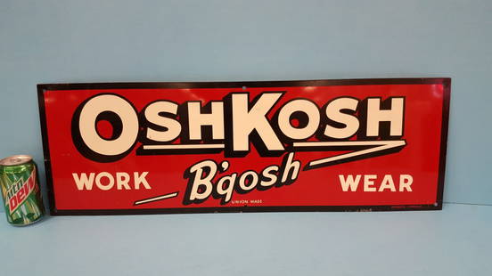 OshKosh B'gosh Metal Sign: 30" x 20" Metal sign in excellent condition with high gloss and minor scuffs. MFG. by Burdick Chicago PLEASE READ AND UNDERSTAND THE PAYMENT & SHIPPING TERMS FOR THIS AUCTION PRIOR TO PLACING BIDS.