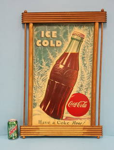 Coca Cola Cardboard sign w/ Wood Kay Displays Frame: 1951 2 sided Coca Cola Cardboard in the original wood frame with the Kay Displays stamp on the back. the front side is Ice Cold and the back side is Have a Coke Now. The cardboard measures 16"x 27"