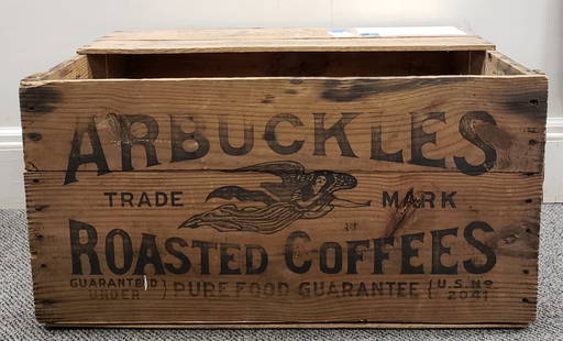 ARBUCKLES Roasted Coffees Box: 29.5"w x 15"h x 19"d Original wood box with advertising on 3 sides. PLEASE READ AND UNDERSTAND THE PAYMENT & SHIPPING TERMS FOR THIS AUCTION PRIOR TO PLACING BIDS.