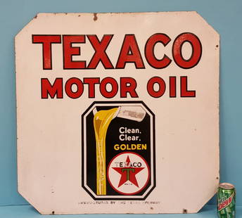 Porcelain Double Sided Texaco Motor Oil Sign: 30" x 30" 2 sided porcelain sign with minor scuffs & Scratches, fading, some porcelain chips, & stains. PLEASE READ AND UNDERSTAND THE PAYMENT & SHIPPING TERMS FOR THIS AUCTION PRIOR TO PLACING BIDS.