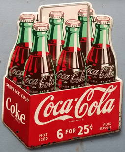 1950's Coca Cola Six Pack Tin Sign: 11" x 14" Tin sign in excellent condition with high gloss and minor paint flaking on the bottom edge. Hard to find in this condition. PLEASE READ AND UNDERSTAND THE PAYMENT AND SHIPPING TERMS FOR