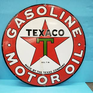 Porcelain Texaco 42" Double Sided Sign: 2 sided porcelain Texaco Gasoline Motor Oil sign with scuffs, scratches, porcelain loss, fading, and some touch up. PLEASE READ AND UNDERSTAND THE PAYMENT AND SHIPPING TERMS FOR THIS AUCTION PRIOR TO