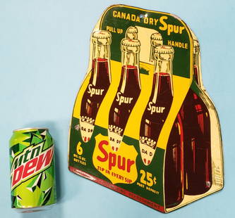 Spur 6 Pack Tin Sign: 10" x 13.5" original tin sign with minor scuffs & scratches with 2 holes. PLEASE READ AND UNDERSTAND THE PAYMENT AND SHIPPING TERMS FOR THIS AUCTION PRIOR TO PLACING BIDS.