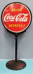 1930's Porcelain Coca Cola Lollipop Sign: Original double sidedd porcelain 30" Coca Cola sign in lollipop stand with embossed cast iron Coca Cola base. The porcelain sign has touch ups and porcelain chips. PLEASE READ AND UNDERSTAND THE