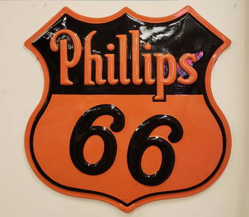 Scarce Fiberglass Embossed Phillips 66 Shield Sign: Restored 48" x 48" Very scarce fiberglass sign in excellent condition with bright colors. Made by Federal Electric Co. PLEASE READ AND UNDERSTAND THE PAYMENT AND SHIPPING TERMS FOR THIS AUCTION PRIOR