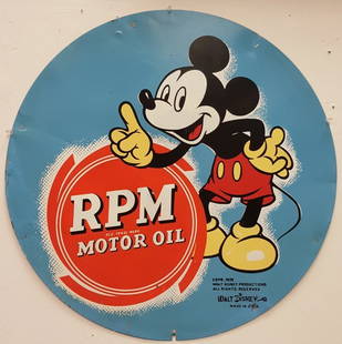 1939 Walt Disney Mickey Mouse RPM Motor Oil Tin Sign: Scarce 24" RPM single sided tin sign with excellent Mickey Mouse graphics. This sign has scuffs and minor paint flakes, minor holes, and small bends. PLEASE READ AND UNDERSTAND THE PAYMENT & SHIPPING