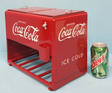 1939 Coca Cola Salesman Sample Cooler: 12"w x 10"h x 7"d Professionally restored salesman sample cooler. This miniature cooler was carried by salesmen to prospective businesses to demonstrate the cooler and how it could generate profit