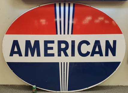 Porcelain Double sided American Dealership Sign: 84" x 60" High gloss with bright colors and minor porcelain chips. PLEASE READ AND UNDERSTAND THE PAYMENT AND SHIPPING TERMS FOR THIS AUCTION PRIOR TO PLACING BIDS.