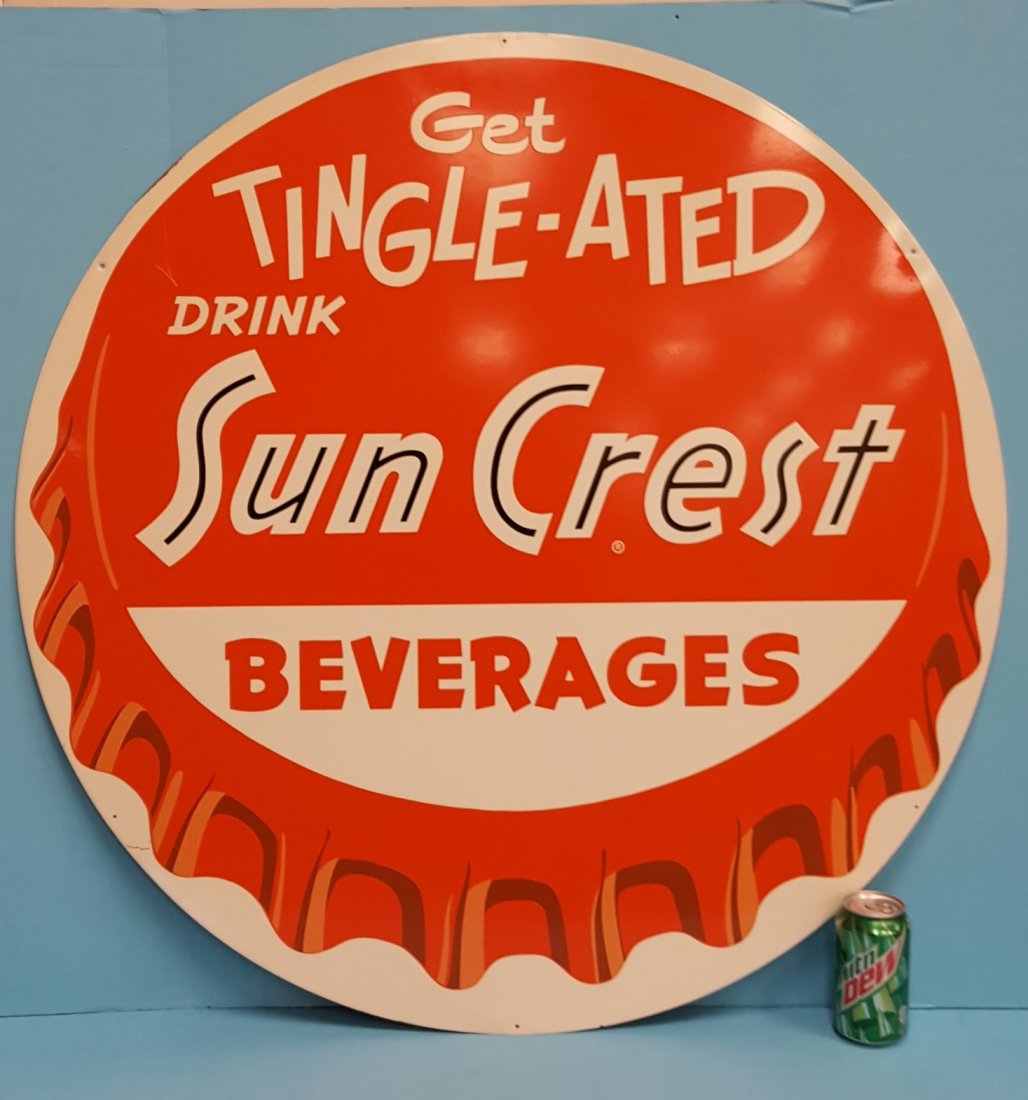 Sun Crest Bottle Cap Sign: 36" Metal bottle cap sign in excellent condition with high gloss and minor scuffs. PLEASE READ AND UNDERSTAND THE PAYMENT AND SHIPPING TERMS FOR THIS AUCTION PRIOR TO PLACING BIDS.