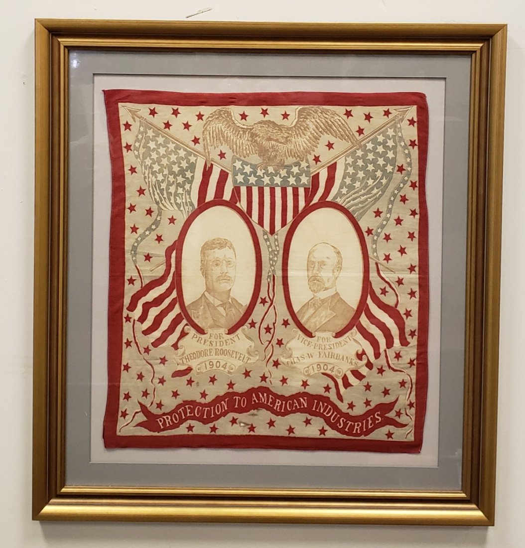 1904 Theodore Roosevelt - Fairbanks Campaign Bandana: 1904 Framed campaign Bandana of Theodore Roosevelt and Chas W. Fairbanks. Bandana shows some fading and 2 small holes at the bottom and measures 22" x 25". The frame is 32" x 35". PLEASE READ AND UNDE