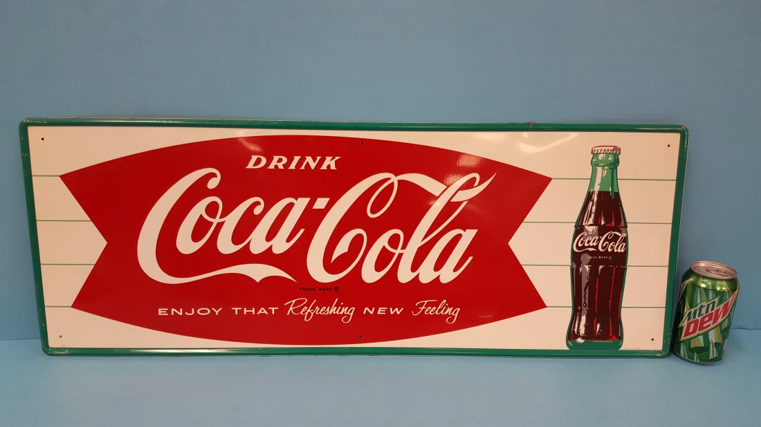NOS Drink Coca Cola Tin Sign with Bottle: 32" x 12" New old stock tin sign with high gloss and minor scuffs. PLEASE READ & UNDERSTAND THE PAYMENT & SHIPPING TERMS FOR THIS AUCTION PRIOR TO PLACING BIDS.