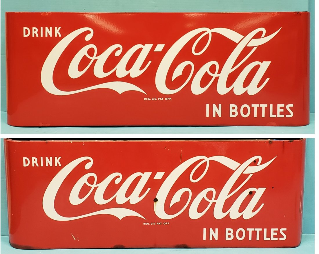 2 Porcelain Coca Cola Sled Signs: Two 44" x 16" Original Coca Cola porcelain sled signs. 1st sign is in excellent condition with high gloss and two minor touch ups at top. 2nd sign is in excellent condition with minor porcelain chips.