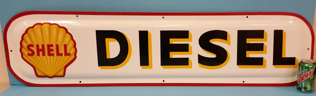 Shell Diesel Metal Sign: 48" x 12" Painted metal sign with Shell decal logo in excellent condition with high gloss.