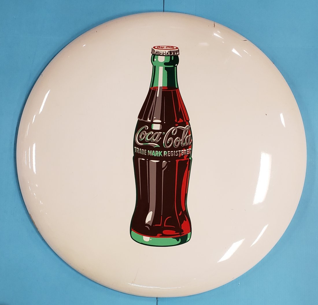 36" White Coca Cola Button Sign: Original metal sign in excellent condition with High gloss and minor scuffs and scratches. PLEASE READ THE PAYMENT & SHIPPING TERMS FOR THIS AUCTION PRIOR TO PLACING BIDS.