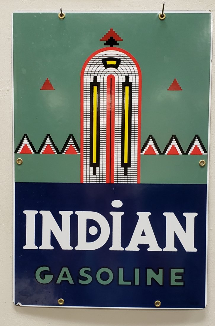 Indian Gasoline Porcelain Pump Plate: 12" x 18" Excellent condition. Marked Made in U.S.A. 9-5-90 at the bottom. PLEASE READ THE PAYMENT & SHIPPING TERMS FOR THIS AUCTION PRIOR TO PLACING BIDS.