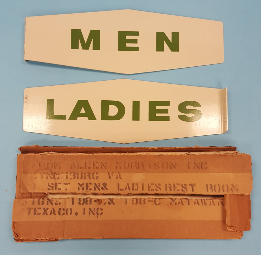 NOS Texaco Men & Ladies Rest Room Flange Signs: Unused New old stock metal Texaco rest room signs in excellent condition with the original Texaco shipping box. PLEASE READ THE PAYMENT & SHIPPING TERMS FOR THIS AUCTION PRIOR TO PLACING BIDS