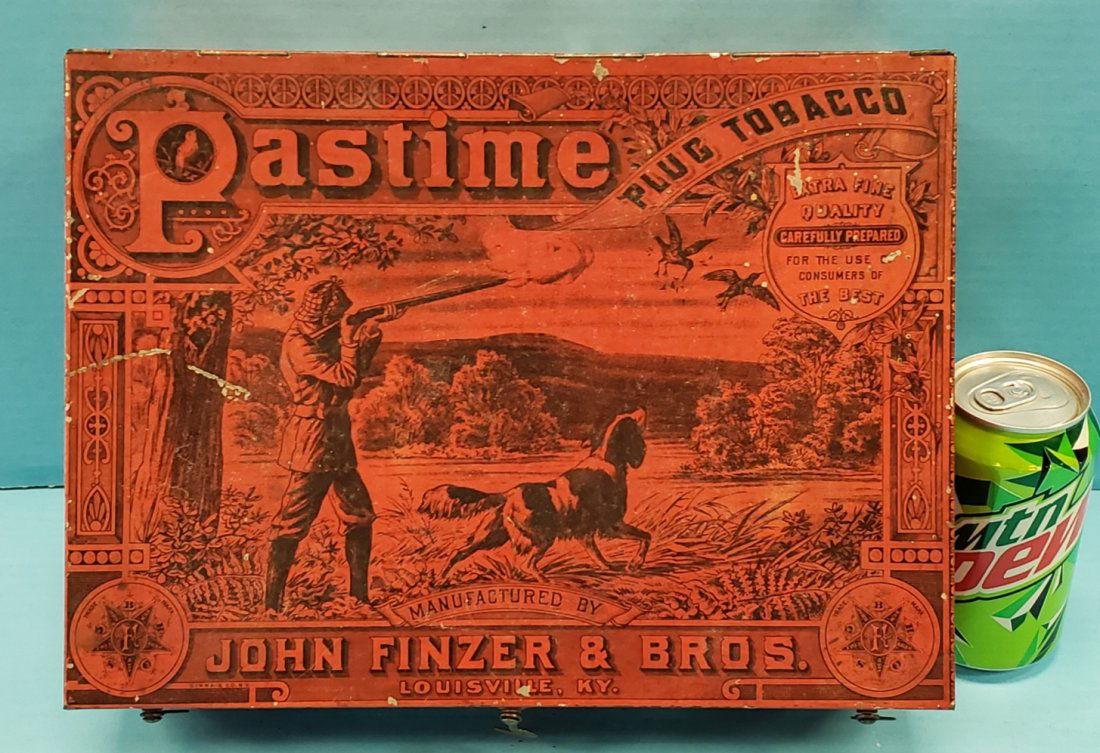 Pastime Plug Tobacco Tin: 12.5" x 9.25 x 4"h Metal tin with original hooks, some paint flaking, scuffs, & scratches. PLEASE READ & UNDERSTAND THE PAYMENT & SHIPPING TERMS FOR THIS AUCTION PRIOR TO PLACING BIDS.