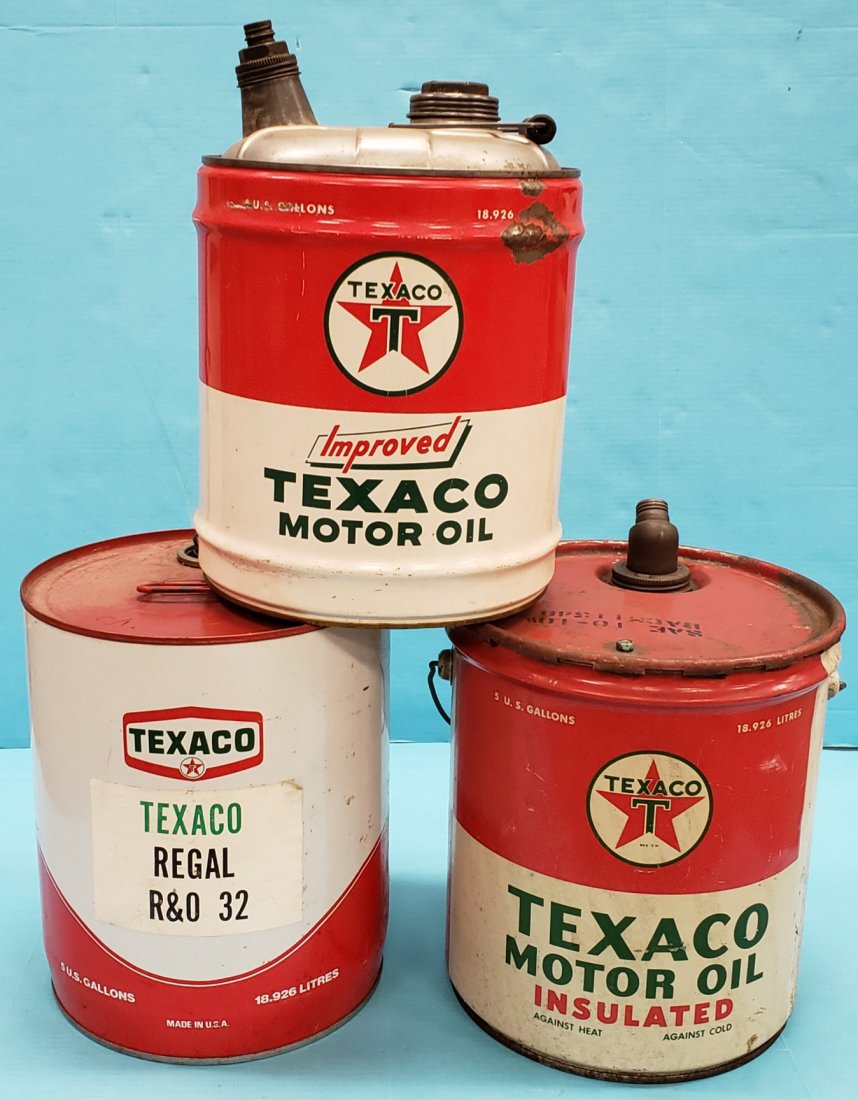 3 Texaco Motor Oil 5 gal. Cans Improved, Insulated