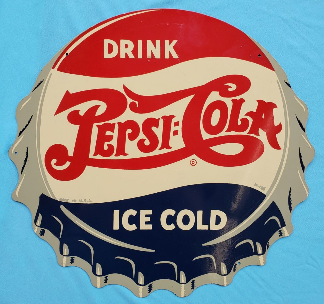 Scarce 1940's Drink Pepsi Cola Die Cut Bottle Cap Sign: 14" New Old Stock bottle cap sign with excellent gloss & color. Hard to find this nice. PLEASE READ & UNDERSTAND THE PAYMENT & SHIPPING TERMS FOR THIS AUCTION PRIOR TO PLACING BIDS.