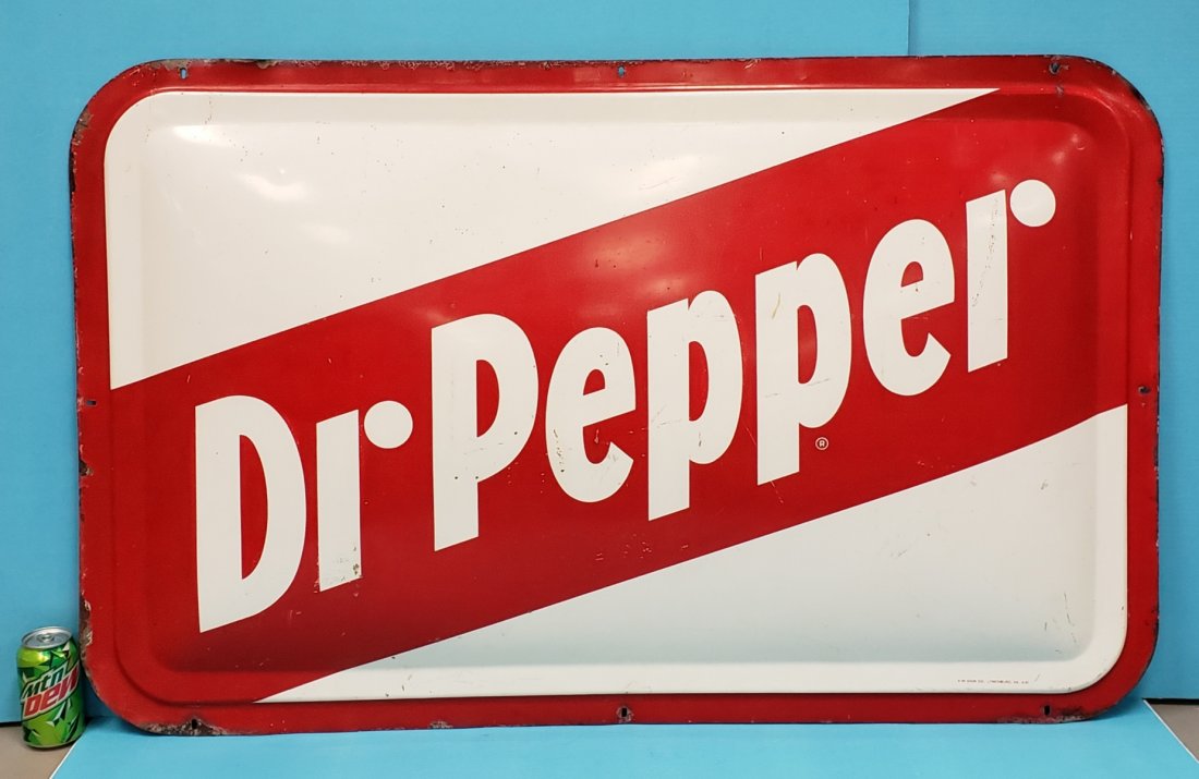 Dr Pepper Dome Sign: 48" x 30" metal sign with bright colors, scuffs, scratches, dings, and paint specks. PLEASE READ AND UNDERSTAND THE PAYMENT AND SHIPPING TERMS FOR THIS AUCTION PRIOR TO PLACING BIDS.
