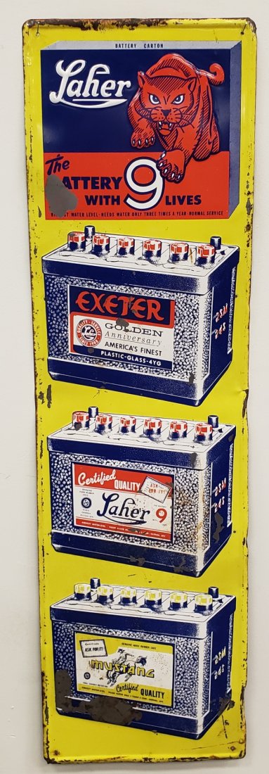 Laher Embossed Batteries Sign: 15" x 52" Vertical Tin Sign with scuffs, scratches, paint flaking, and minor bends around the edge. PLEASE READ & UNDERSTAND THE PAYMENT & SHIPPING TERMS FOR THIS AUCTION PRIOR TO PLACING BIDS.