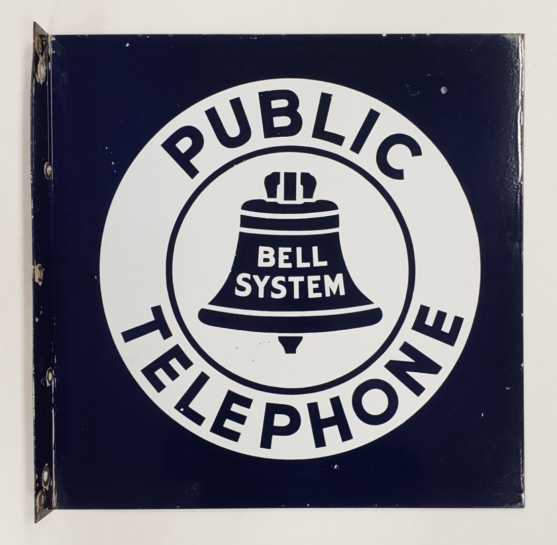 Porcelain Bell System Public Telephone Flange Sign: 18" x 18" porcelain flange in excellent condition with high gloss, bright colors and minor scuffs. PLEASE READ & UNDERSTAND THE PAYMENT & SHIPPING TERMS FOR THIS AUCTION PRIOR TO PLACING BIDS.