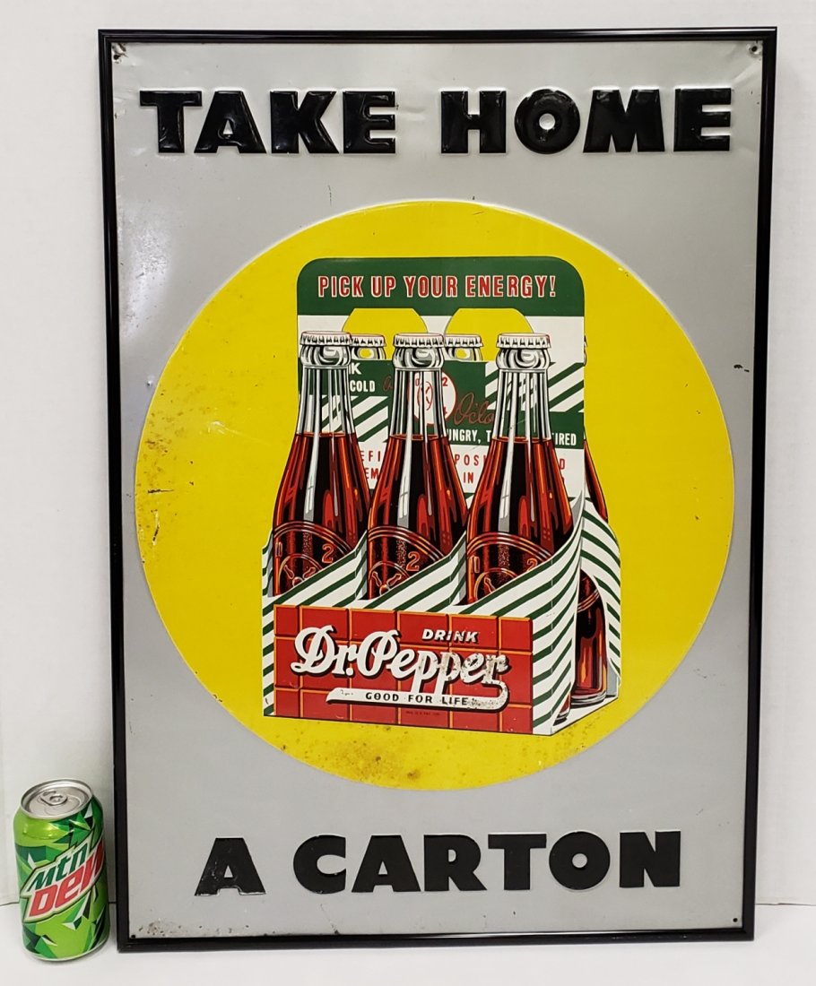 Embossed Dr Pepper Six Pack Sign Take Home A Carton: 27.5" x 19.25" Framed tin sign with bright colors, stains, paint flakes, and minor bends. READ AND UNDERSTAND THE PAYMENT & SHIPPING TERMS FOR THIS AUCTION PRIOR TO PLACING BIDS.
