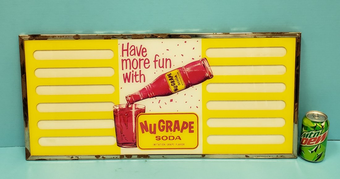 NOS NuGrape Glass Menu Board & Crate & 1935 Bill Of Lad: 28" x 13" New Old Stock framed glass NuGrape menu board with the original wood shipping crate. Included in the lot are two 1935 NuGrape Bill of ladings. The menu board shows some very minor paint flak