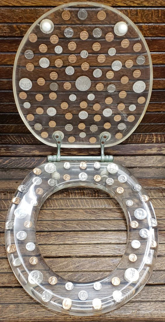 Lucite Toilet Seat with Silver Coins & Others