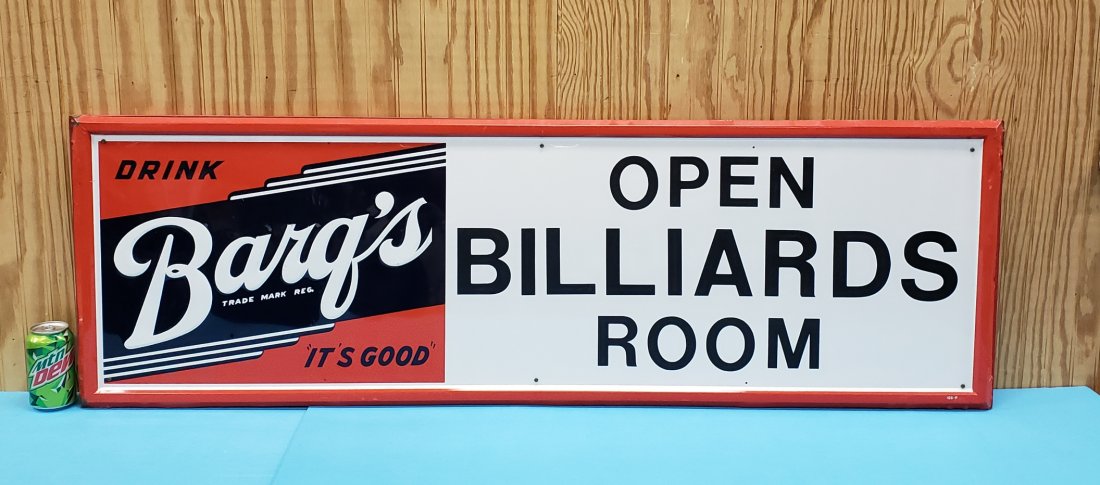 Drink Barq's Embossed Root Beer Tin Sign: 54" x 17" tin sign in excellent condition with high gloss, bright colors, and minor scuffs. PLEASE READ & UNDERSTAND THE PAYMENT & SHIPPING TERMS FOR THIS AUCTION PRIOR TO PLACING BIDS.