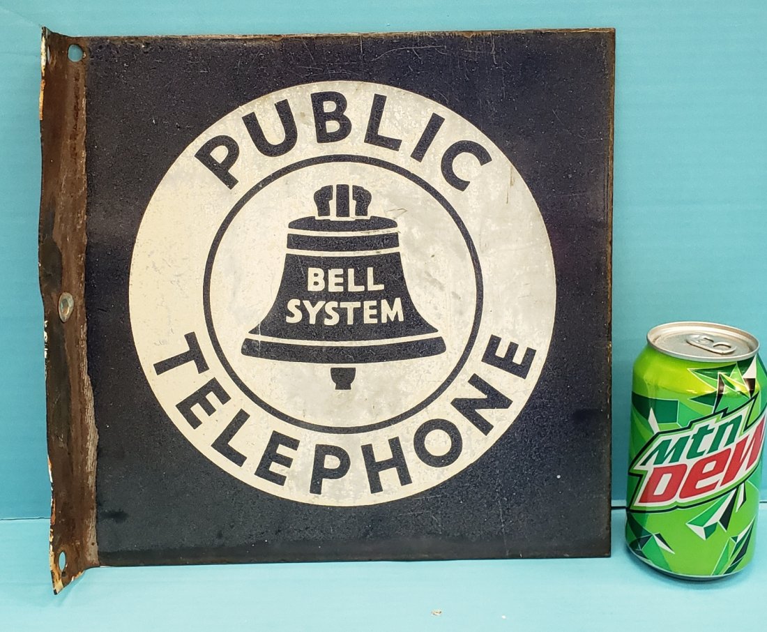 Porcelain Public Telephone Flange Sign: 11" x 11.25" Porcelain flange sign with scuffs, scratches, fading and rust on the edge. PLEASE READ & UNDERSTAND THE PAYMENT & SHIPPING TERMS FOR THIS AUCTION PRIOR TO PLACING BIDS.
