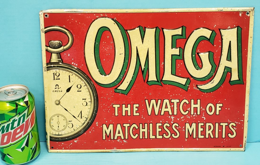 OMEGA Watches Tin Advertising Sign: 13.5" x 9.75 Early self framed tin sign with scuffs, scratches, and paint flaking. PLEASE READ & UNDERSTAND THE PAYMENT & SHIPPING TERMS FOR THIS AUCTION PRIOR TO PLACING BIDS.