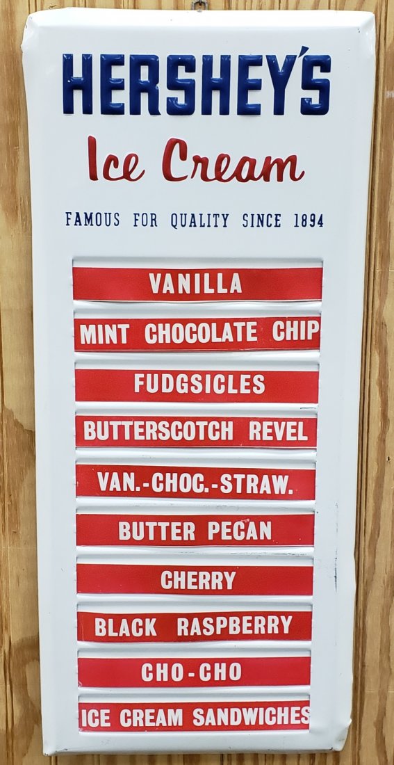 Hershey's Ice Cream Embossed Tin Menu Board: 11.5" x 26" Tin embossed menu board with bright colors, minor scuffs and corner bends. PLEASE READ & UNDERSTAND THE PAYMENT & SHIPPING TERMS FOR THIS AUCTION PRIOR TO PLACING BIDS.
