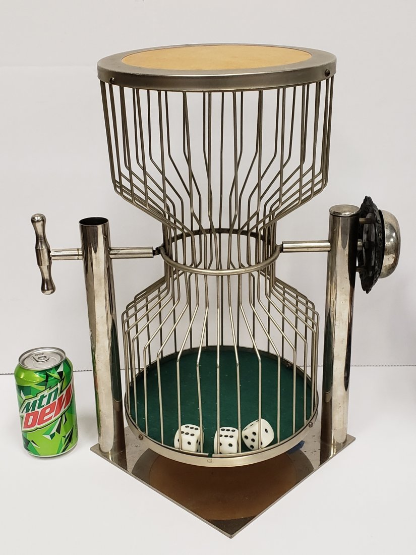 Casino Dice Tumbler: 17.5" tall hour glass shaped dice tumbler with 3 large dice and bell. Excellent condition with normal wear. Bell not working. PLEASE READ & UNDERSTAND THE PAYMENT & SHIPPING TERMS FOR THIS AUCTION PRI