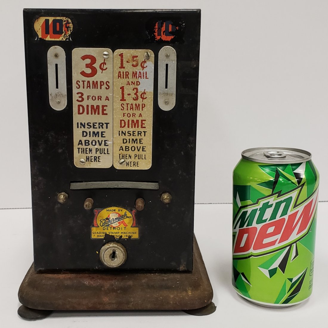 Schermack 3 & 5 Cent stamp machine: 6" x 9.5" x 7" metal stamp machine with scuffs, scratches, and surface rust. PLEASE READ & UNDERSTAND THE PAYMENT & SHIPPING TERMS FOR THIS AUCTION PRIOR TO PLACING BIDS.