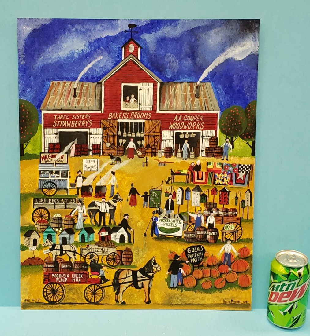 Signed Kevin Burchett Folk Art Painting "Apple Valley"