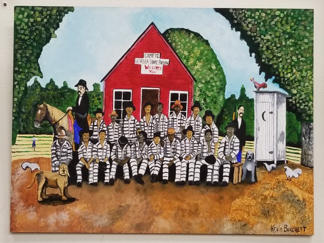 Kevin Burchett Original Signed Folk Art Painting: 16" x 12" Camp 12 Georgia State Prison original painting on board Signed by Kevin Burchett in excellent condition with bright colors. PLEASE READ & UNDERSTAND THE PAYMENT & SHIPPING TERMS FOR THIS AUC