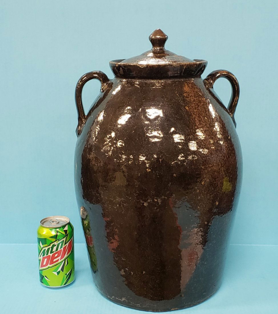 Billy Merritt Crawford Co. Ga. 5 gal. Pottery Jar: 19" glazed jar with lid and marked BM on one handle and 5 on the other. There is a 4.5" piece missing in the rim while the rest of the jar is in excellent condition. PLEASE READ & UNDERSTAND THE PAYME