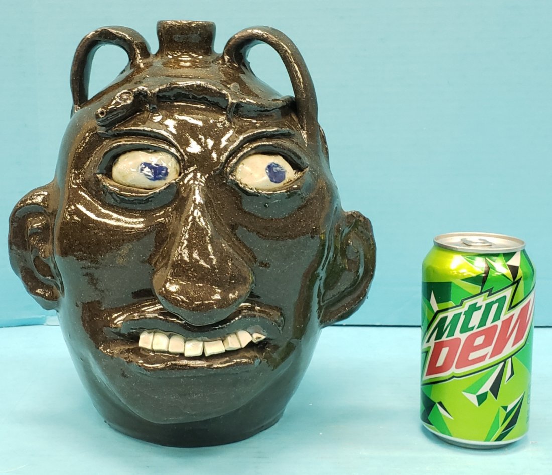 Chester Hewell China Tooth Double Handle Face Jug: 10" Glazed face jug with 8 teeth Signed 'Chester Hewell CSA' in excellent condition. PLEASE READ & UNDERSTAND THE PAYMENT & SHIPPING TERMS FOR THIS AUCTION PRIOR TO PLACING BIDS.