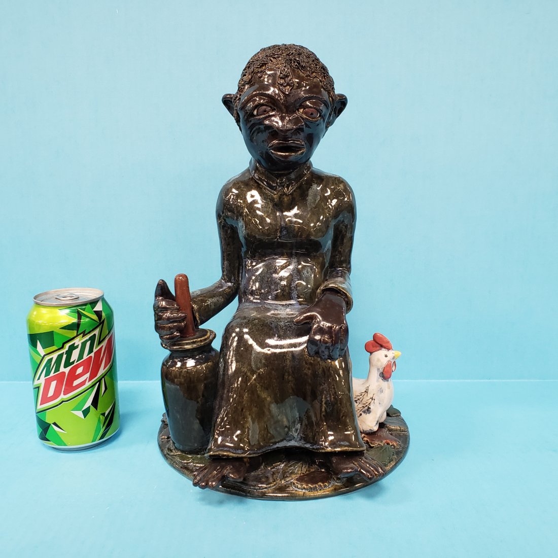 Lin Craven Scene Churn Lady Southern Folk Pottery: 12.5\" 2001 Intricately detailed Southern scene with woman sitting on a tree stump with churn, 3 chickens, mushrooms, and multi colored foliage. Excellent condition. Signed and dated on the bottom. PL