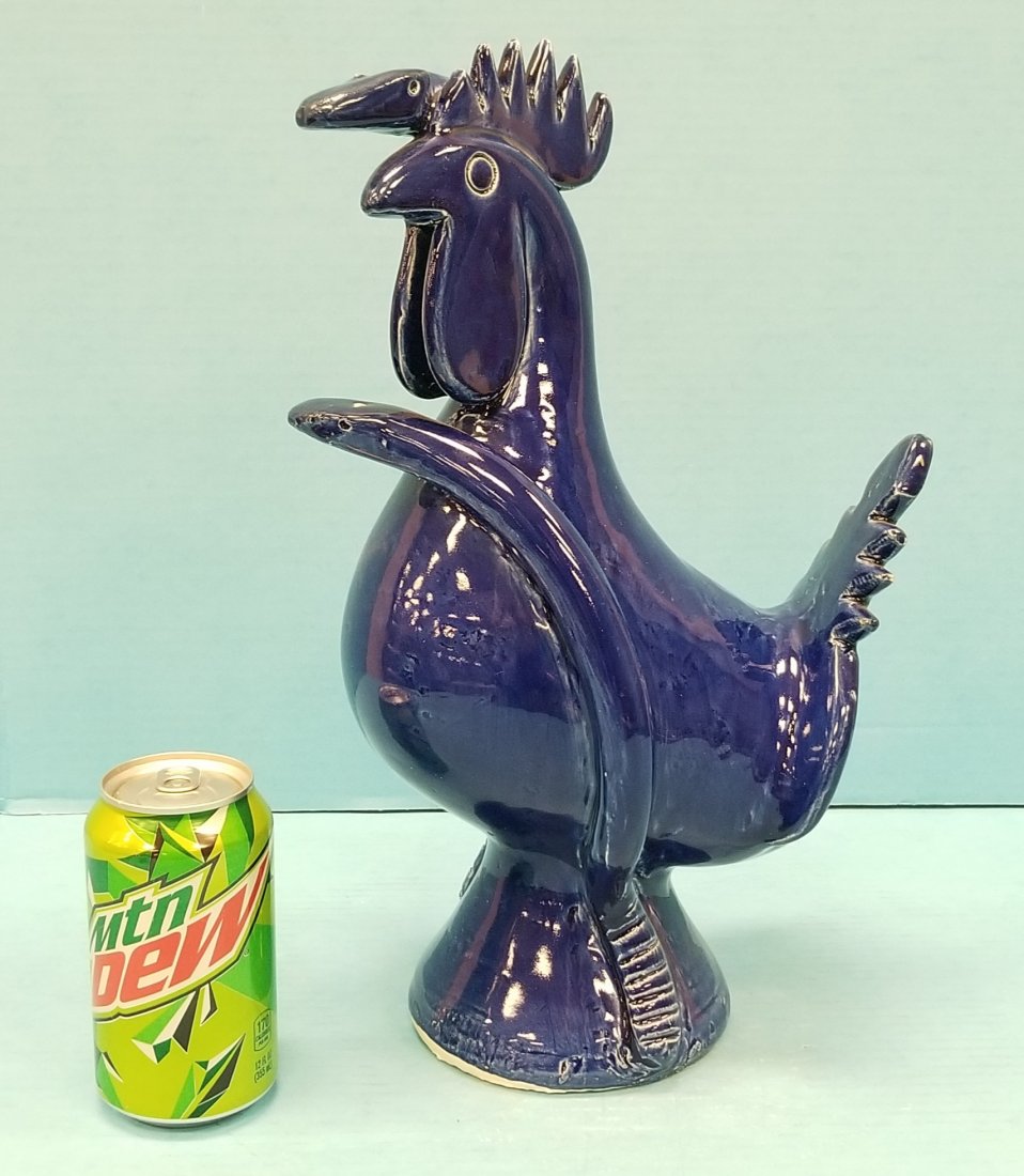 Edwin Meaders Blue Rooster with 2 Snakes Folk Art: 15" Cobalt blue rooster with 2 rattlesnakes with a small original glazing imperfection on the lower snake head. Signed and dated 2-5-2011. PLEASE READ & UNDERSTAND THE PAYMENT & SHIPPING TERMS FOR THI