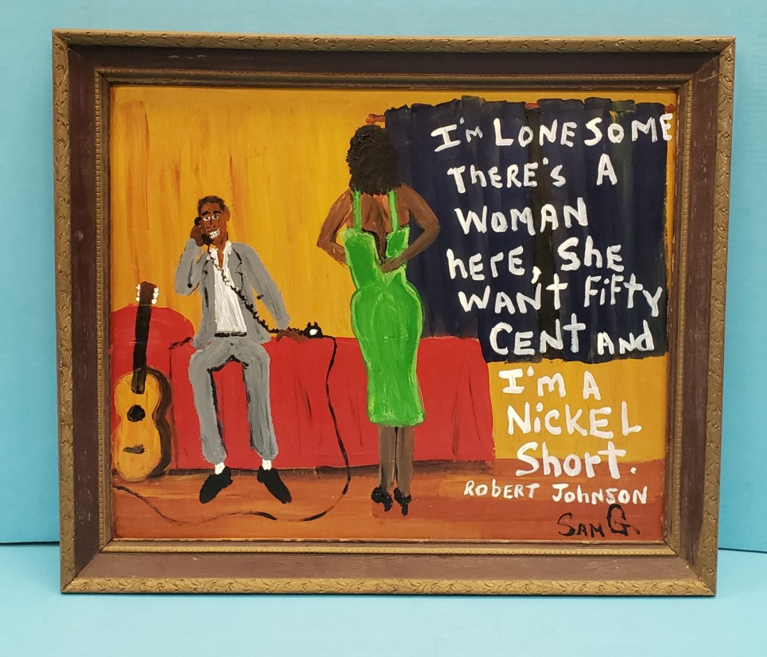 Sam G. Blues Folk Art Painting: 25.5" x 21.5" Robert Johnson themed painting on wood with drawing on back by Sam Granger. Signed Sam G, dated 6-16-11, and Numbered #419. PLEASE READ & UNDERSTAND THE PAYMENT & SHIPPING TERMS FOR THIS