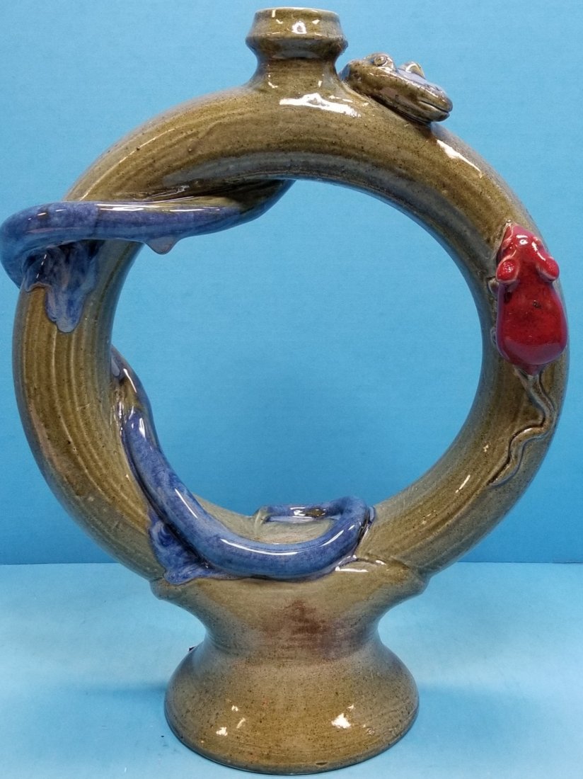 Randy Tobias Snake & Mouse Ring Jug: 13.75" x 10.5" Rare Ring jug with blue snake and red mouse. Incised RPT and marker signePLEASE READ & UNDERSTAND THE PAYMENT & SHIPPING TERMS FOR THIS AUCTION PRIOR TO PLACING BIDS.d Randy Tobias N.C.
