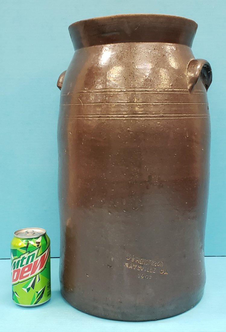 1903 JB Henderson Maysville Ga Churn: 18.5" Glazed double handle churn stamped JB Henderson Maysville Ga 1903. Excellent condition with normal wear. PLEASE READ & UNDERSTAND THE PAYMENT & SHIPPING TERMS FOR THIS AUCTION PRIOR TO PLACING B