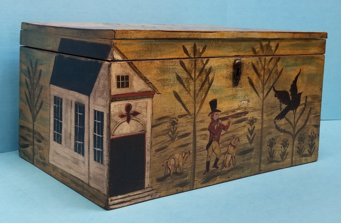 Kathy Graybill Painted Chest: 16.6"w x 10.75"d x 8.75"h. Painted hunting scene on wood box. Part of lock missing on lid. No Key. PLEASE READ & UNDERSTAND THE PAYMENT & SHIPPING TERMS FOR THIS AUCTION PRIOR TO PLACING BIDS.STARTING