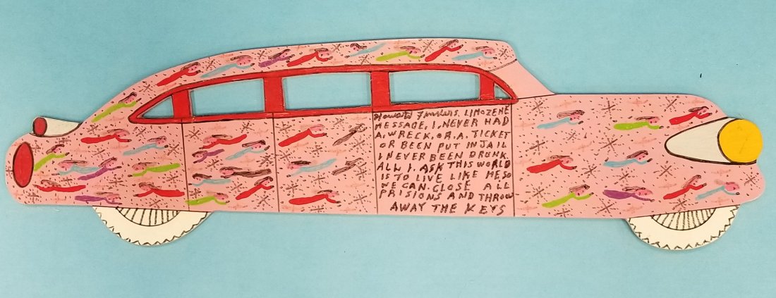 Howard Finster Limo: 23"l. Painted and hand written. #35,425. PLEASE READ & UNDERSTAND THE PAYMENT & SHIPPING TERMS FOR THIS AUCTION PRIOR TO PLACING BIDS.