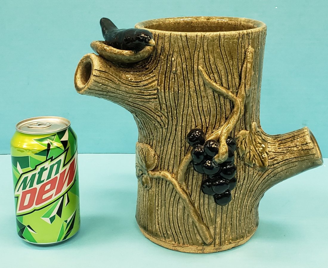 David Meaders Grape & Bird Tree Pot: 8.75"h glazed tree in excellent condition. Signed. PLEASE READ & UNDERSTAND THE PAYMENT & SHIPPING TERMS FOR THIS AUCTION PRIOR TO PLACING BIDS.