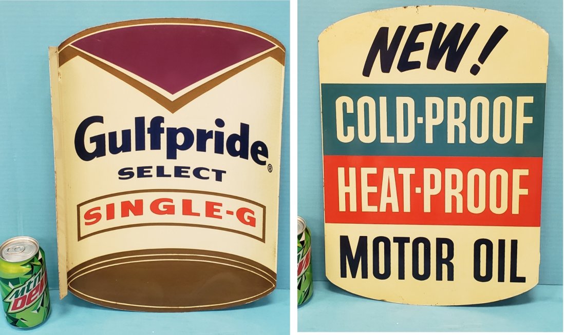 NOS Gulfpride Motor Oil Flange Sign: 12" x 16.75" New old stock die cut double sided flange sign with each side having different graphics. The flange shows bright colors, high gloss, and minor scuffs. PLEASE READ & UNDERSTAND THE PAYMENT